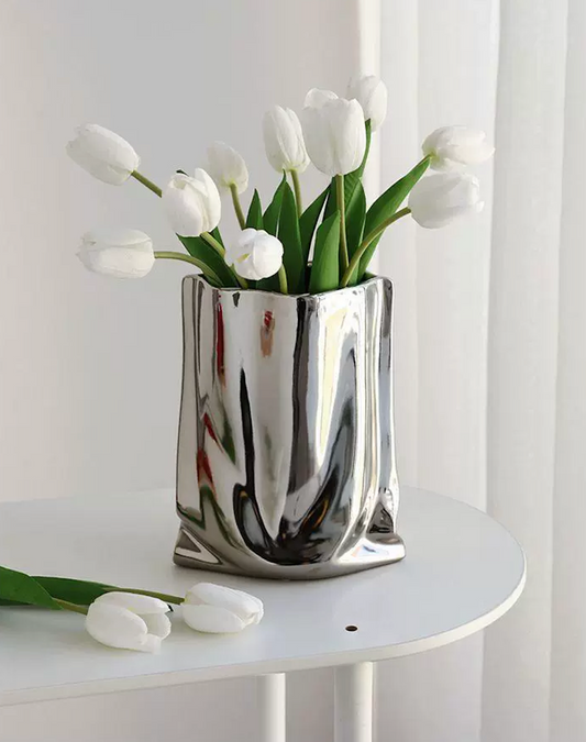 Modern Silver Paper Bag Style Ceramic Wide Mouth Pleated Vases