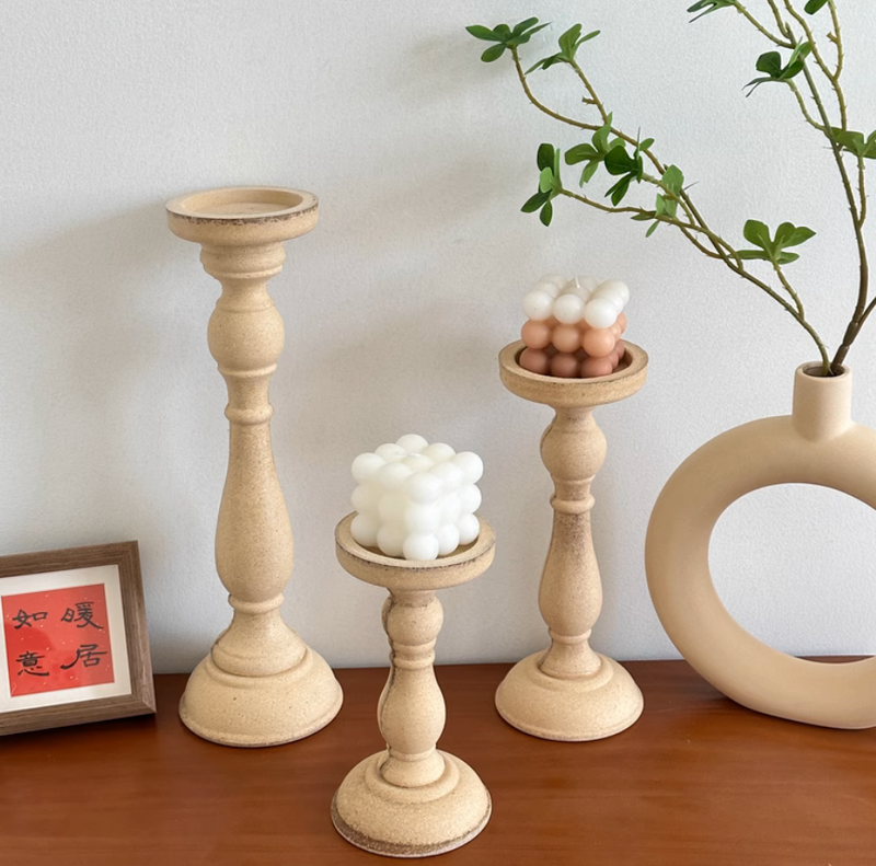 3 Pieces Antique Wooden Pillar Candle Holder Candlestick Stand Photographic Prop