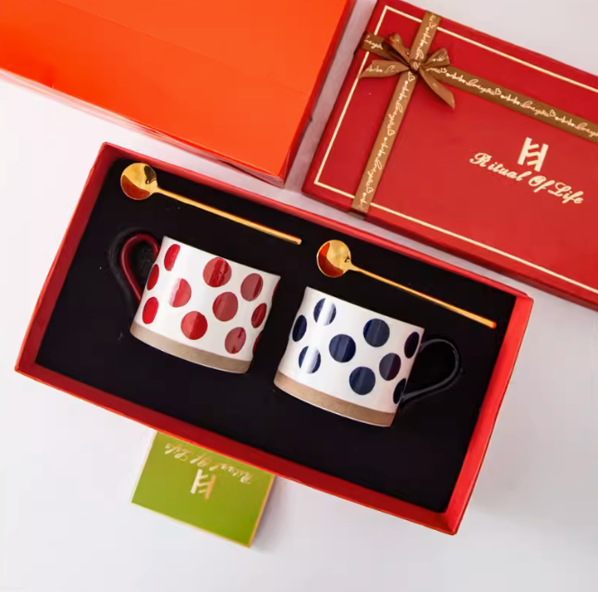 2 Piece Japanese Ceramic Coffee Cups Mugs with Spoons Gift Box