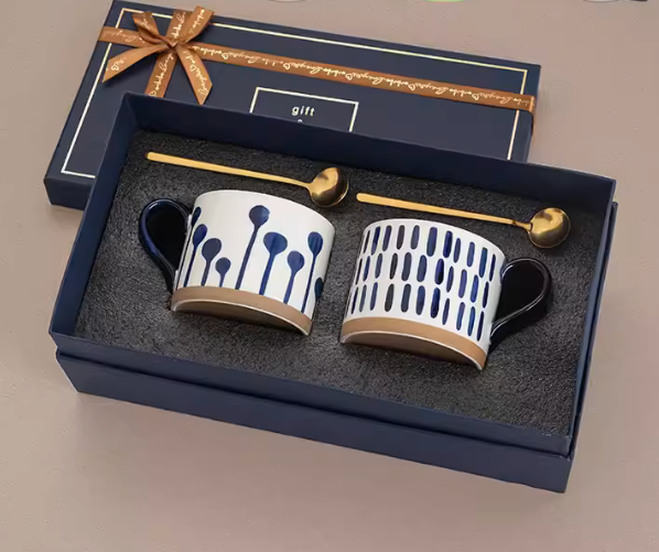 2 Piece Japanese Ceramic Coffee Cups Mugs with Spoons Gift Box