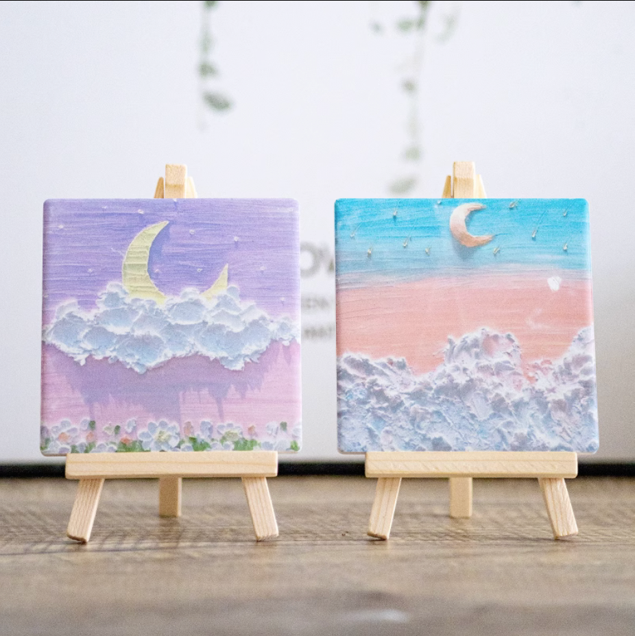 Pink Clouds Moon Canvas Wall Art 3D Textured Oil Impasto Palette Knife Artwork Painting