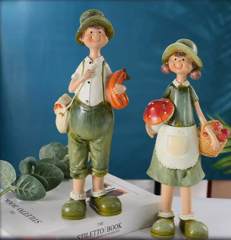Pair of Rustic Figures Crafts Boys And Girls Countryside Sculpture Garden Decor