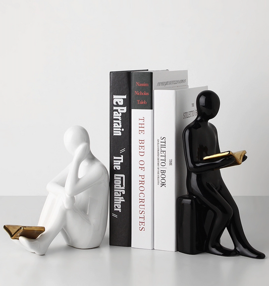 Pair of Ceramic Human Statues Reading Bookend Abstract Figurines