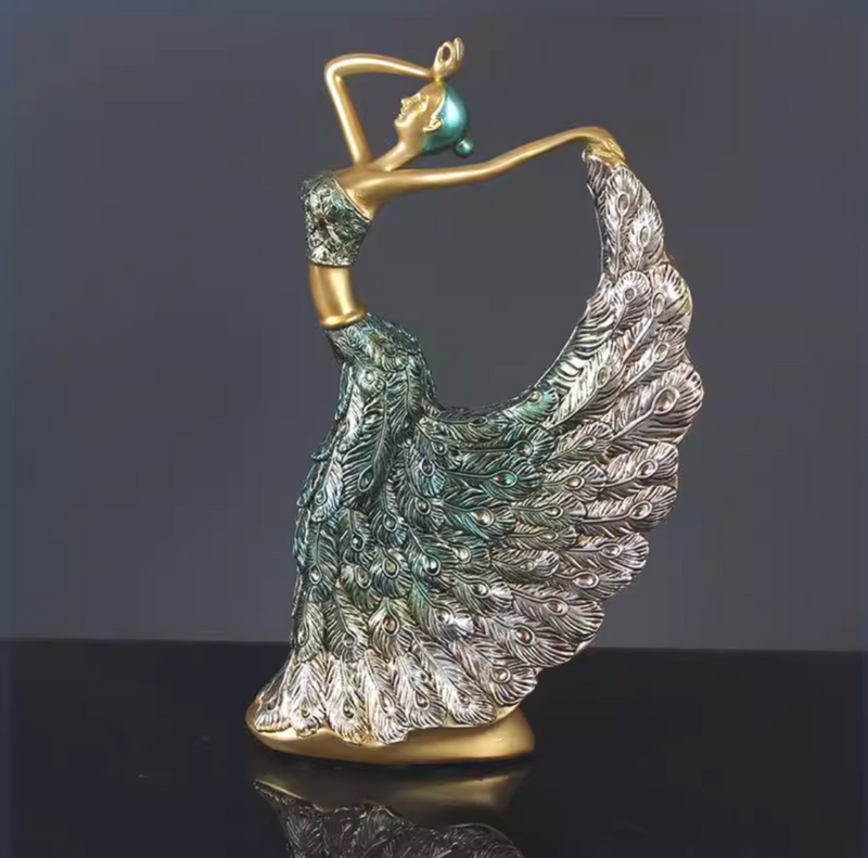 Dancing Girl  with Peacock Dress Sculpture Classical Ornament