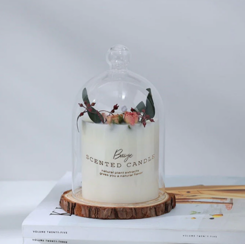 Scented Candle Home Fragrance Aromatherapy Aroma Soy Candle with Glass Cover & Wood Stand