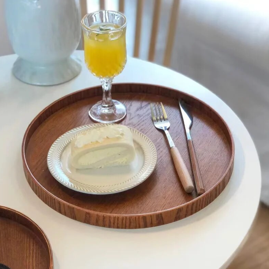 Round Natural Wood Serving Tray Tea Food Server