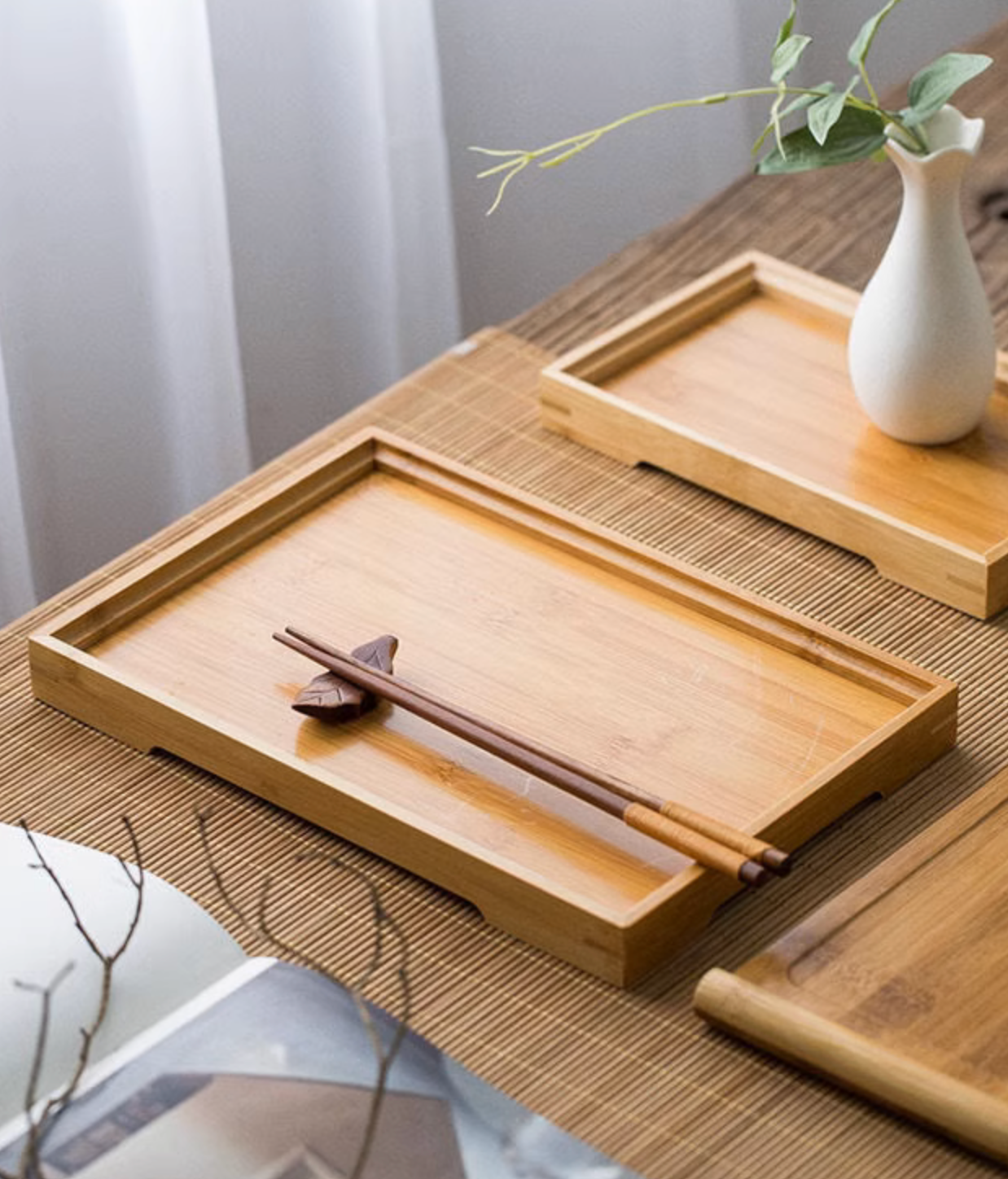 Japanese Style Bamboo Rectangle Fruit Tea Serving Tray