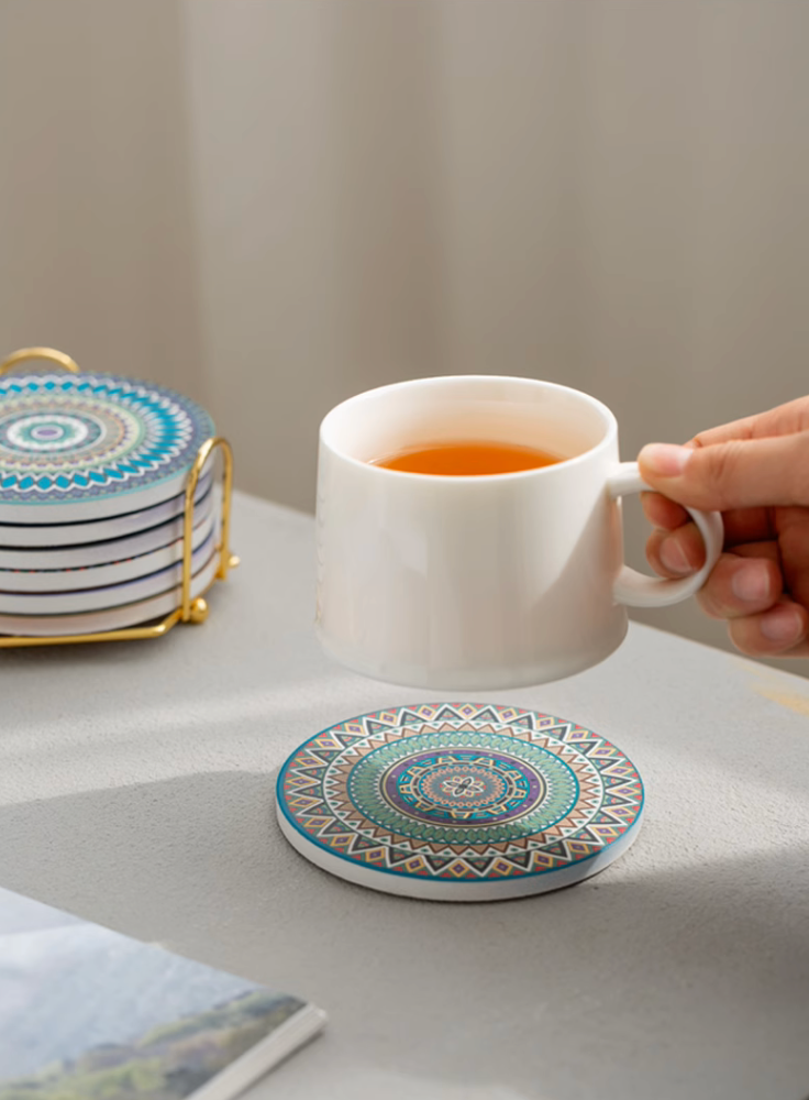 6 Piece Round Ceramic Coaster Heat-Resistant Placemat with Holder