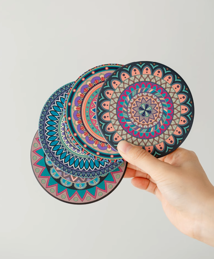 6 Piece Round Ceramic Coaster Heat-Resistant Placemat with Holder