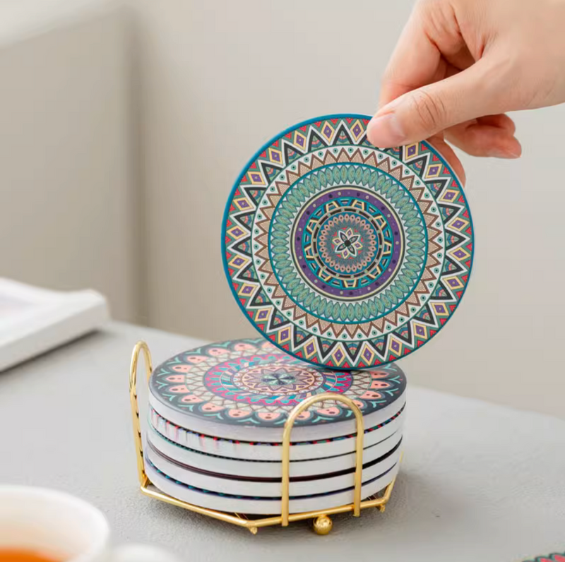 6 Piece Round Ceramic Coaster Heat-Resistant Placemat with Holder